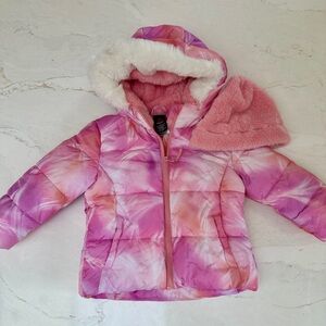 Toddler Girls Pink Tie-Dye Puffer Jacket with Faux Fur Hood